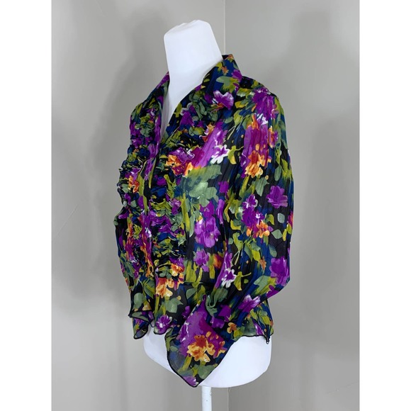 Vintage 90s Y2k Dark Floral Crinkle Blouse GlamRock Bold Peplum Indie Goth Punk - Picture 7 of 11